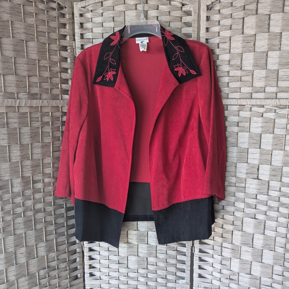 Vtg 90s Fashion Bug Open Front Jacket Red Black Embroidered Vegan Suede 18W EUC